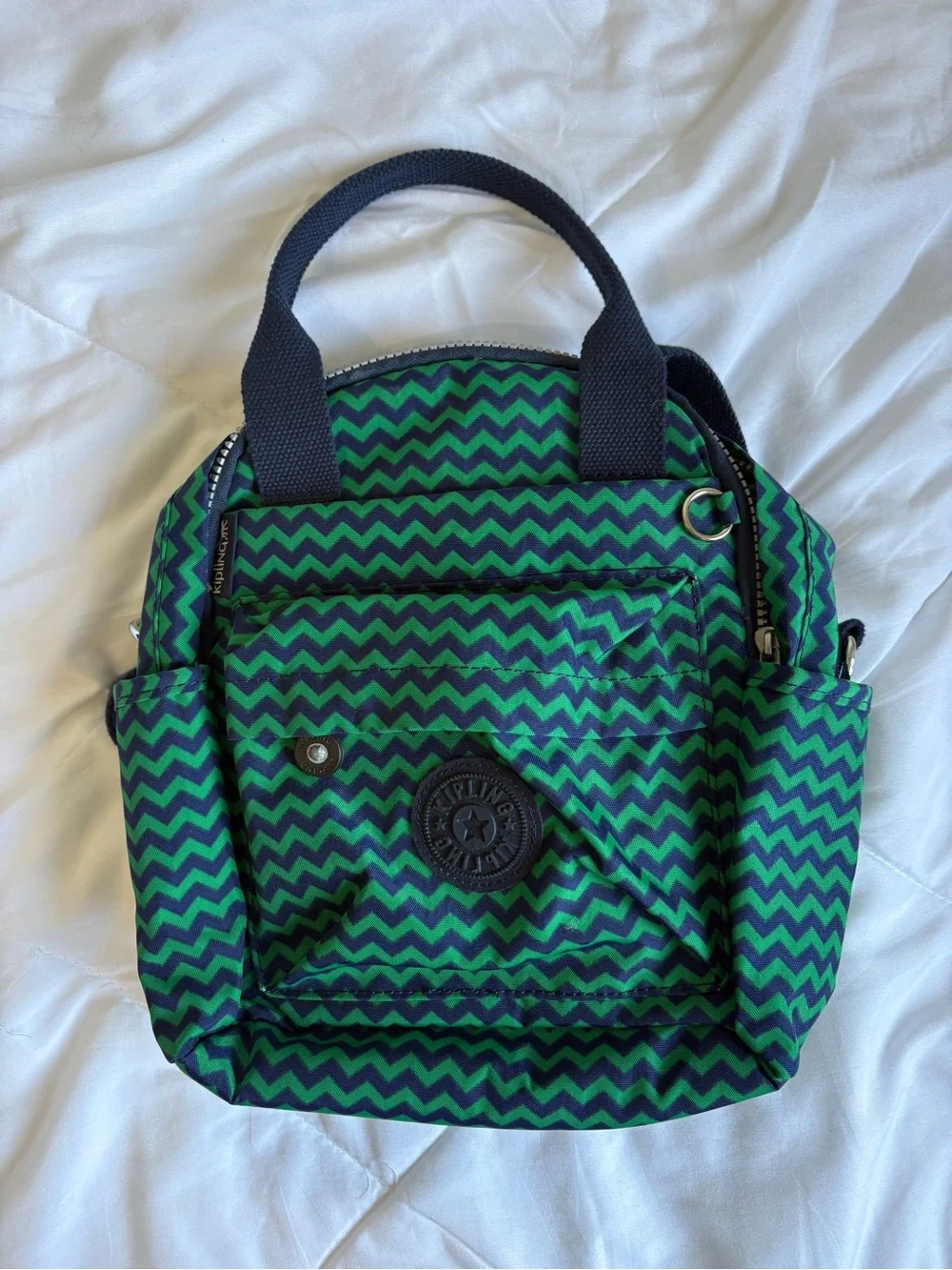 Kipling Green and Navy Chevron Mini Backpack